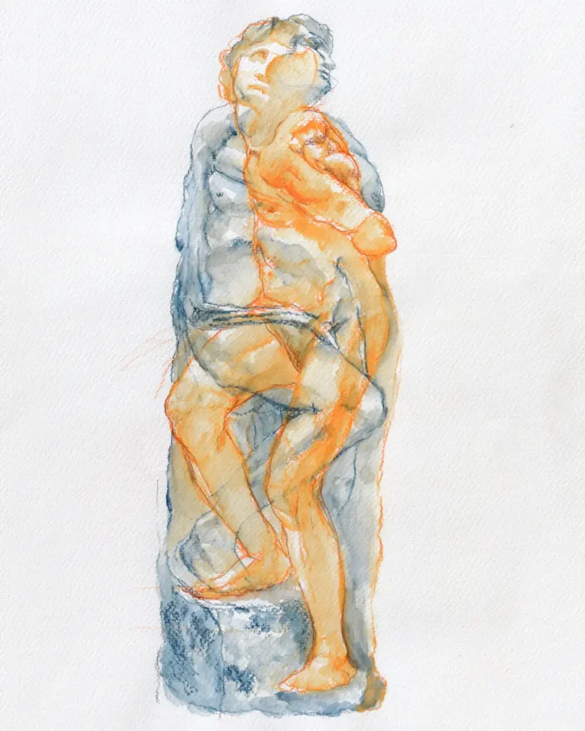 Watercolour pencil drawing of Michelangelo's 'Rebellious Slave' 2 angles combined