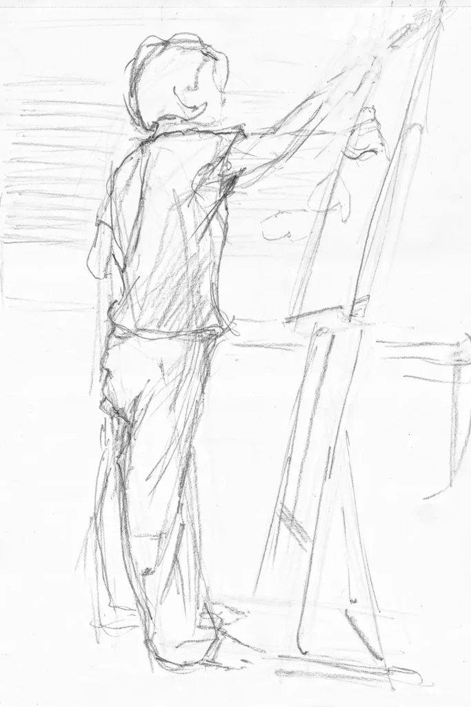 Pencil sketch of artist Avidya drawing at her easel