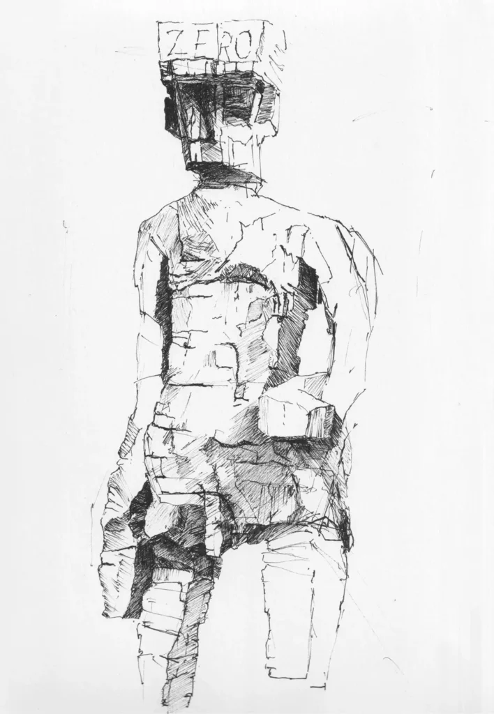 Ink study of George Baselitz sculpture