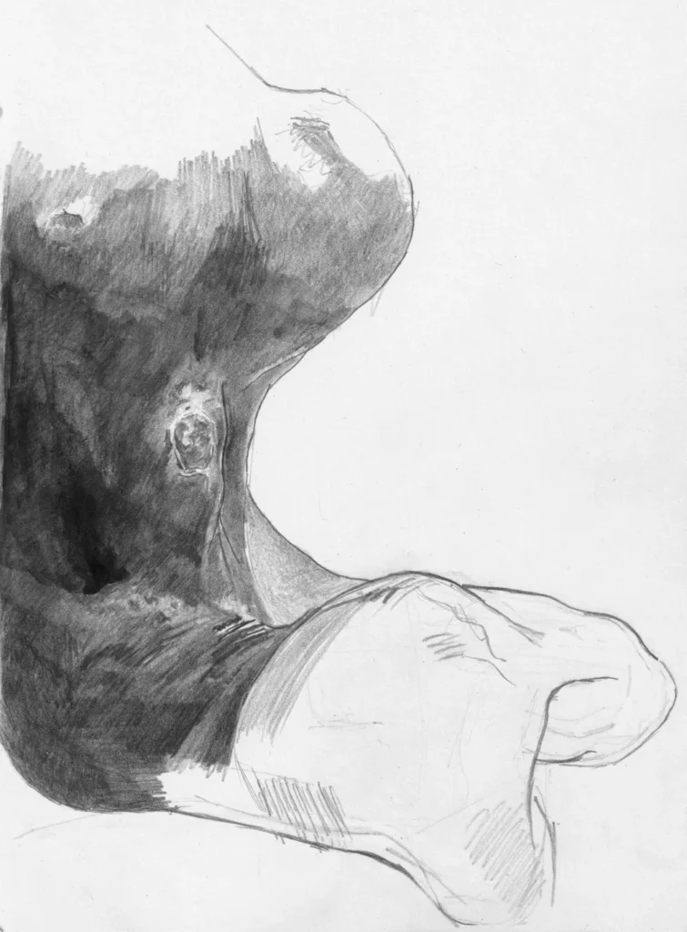 Pencil drawing of a female figure sculpture by Henry Moore
