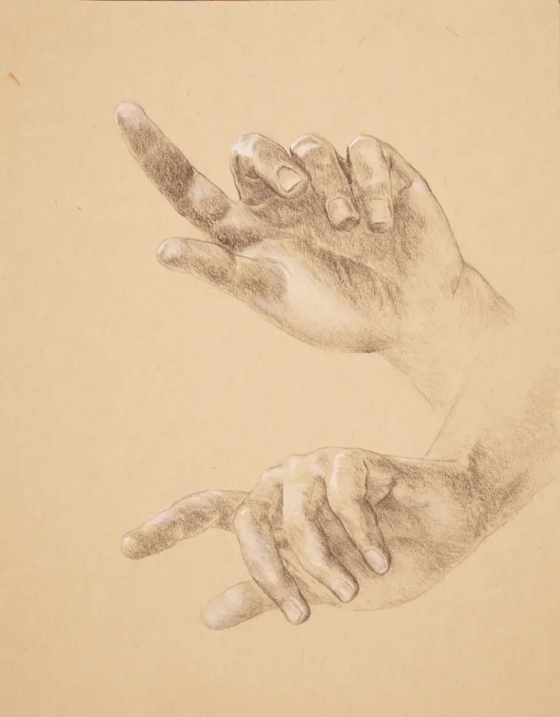 2 study of hand from 'Eve listening to the voice' on sepia paper