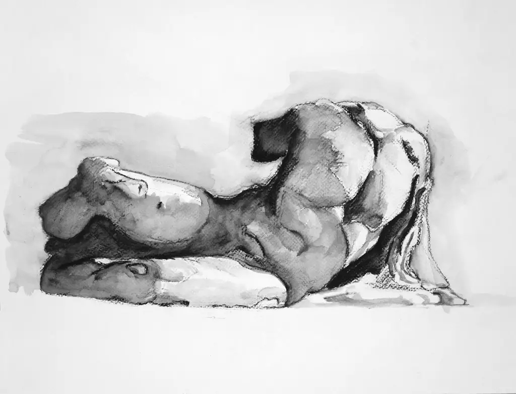 Soft carbon pencil drawing of figure from the Parthenon in the British Museum