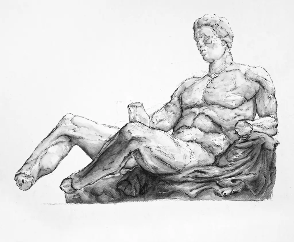 Soft carbon pencil drawing of figure from the Parthenon in the British Museum