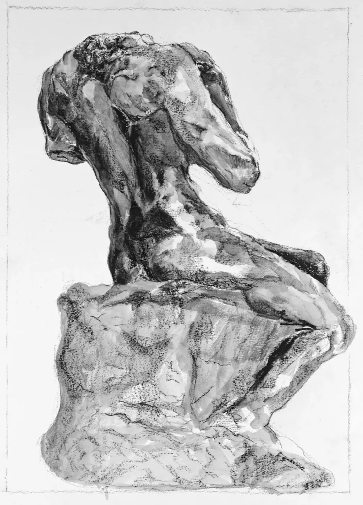 Rodin figure sculpture drawn with soft carbon pencil